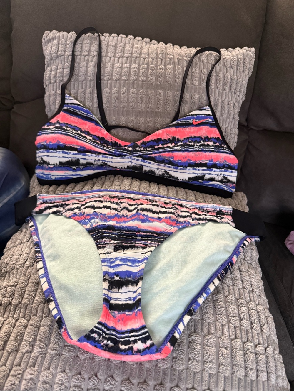 Nike Striped Swim Top in Coral, Blue & Black